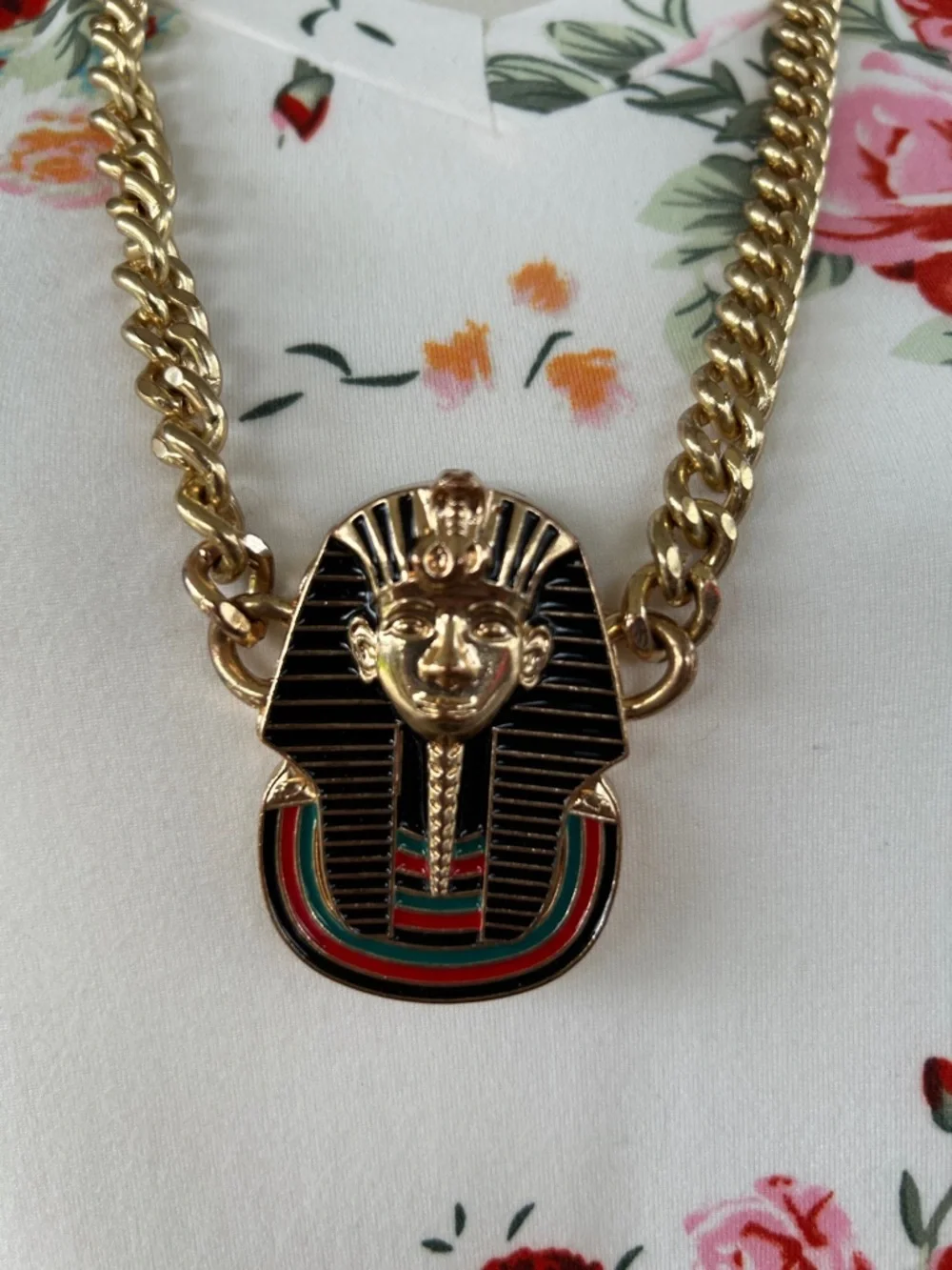 Gold-Tone Egyptian Pharaoh Pendant Necklace with Black & Red Enamel